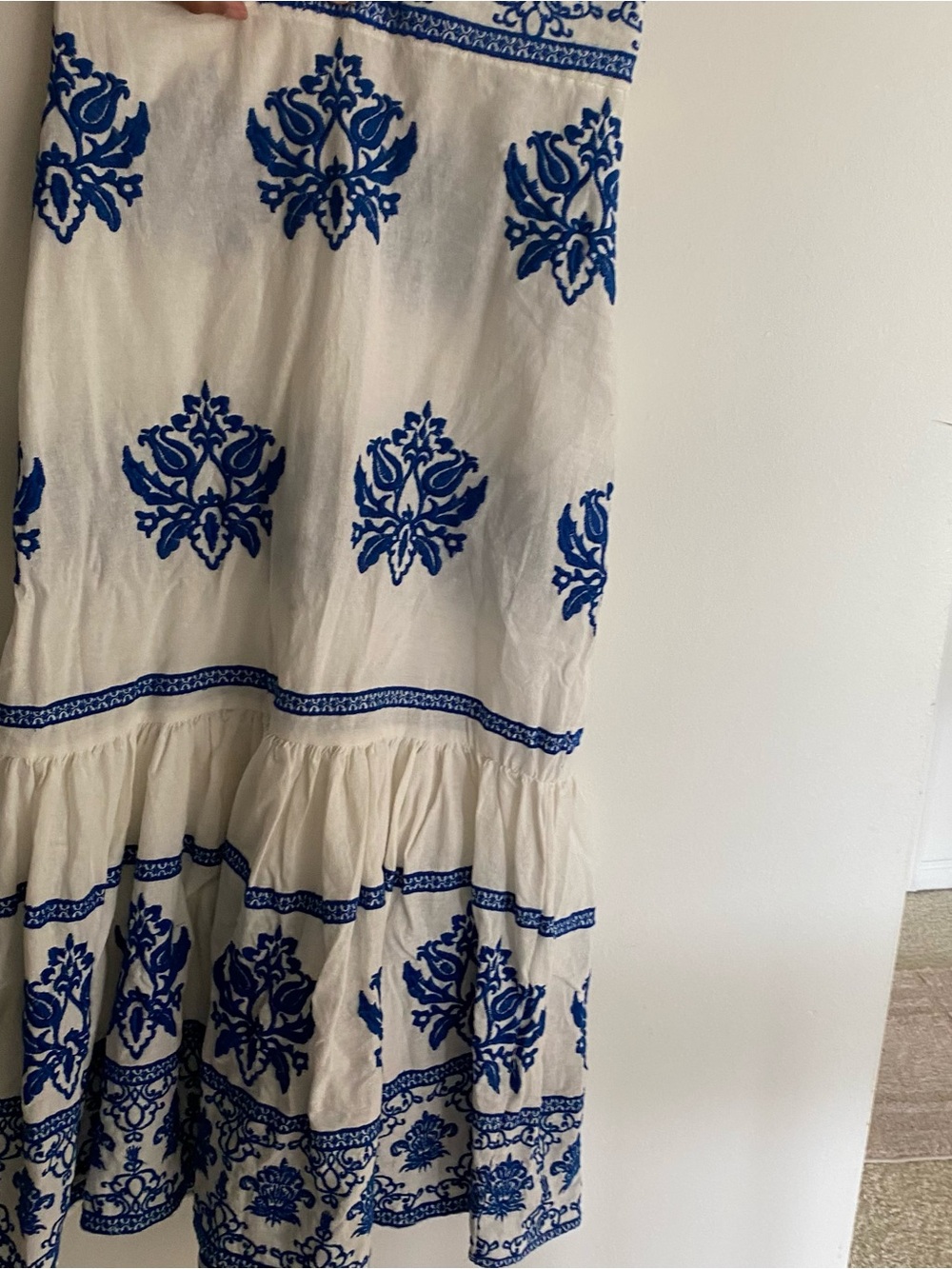 Boho Embroidered White and Blue Tiered Skirt